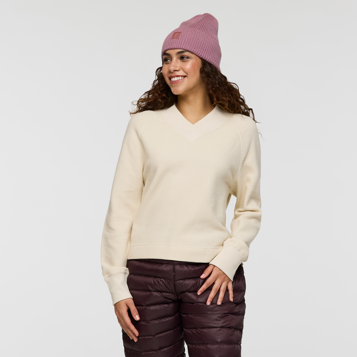 Atajo Long Sleeve Waffle V Neck Women's